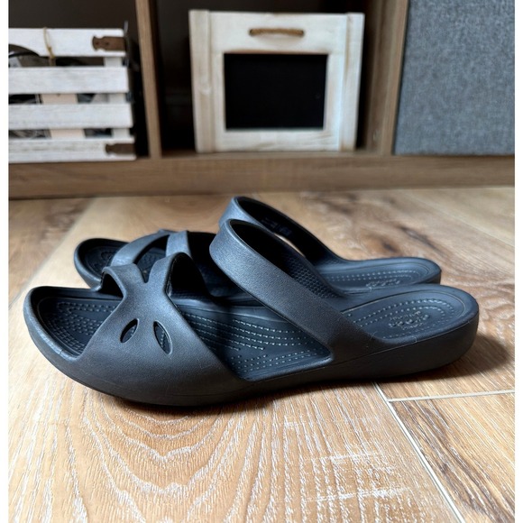 CROCS Shoes - Crocs Sandals Womens 8 Kelli Open Toe Two Strap Slide Sport Casual Comfort Black